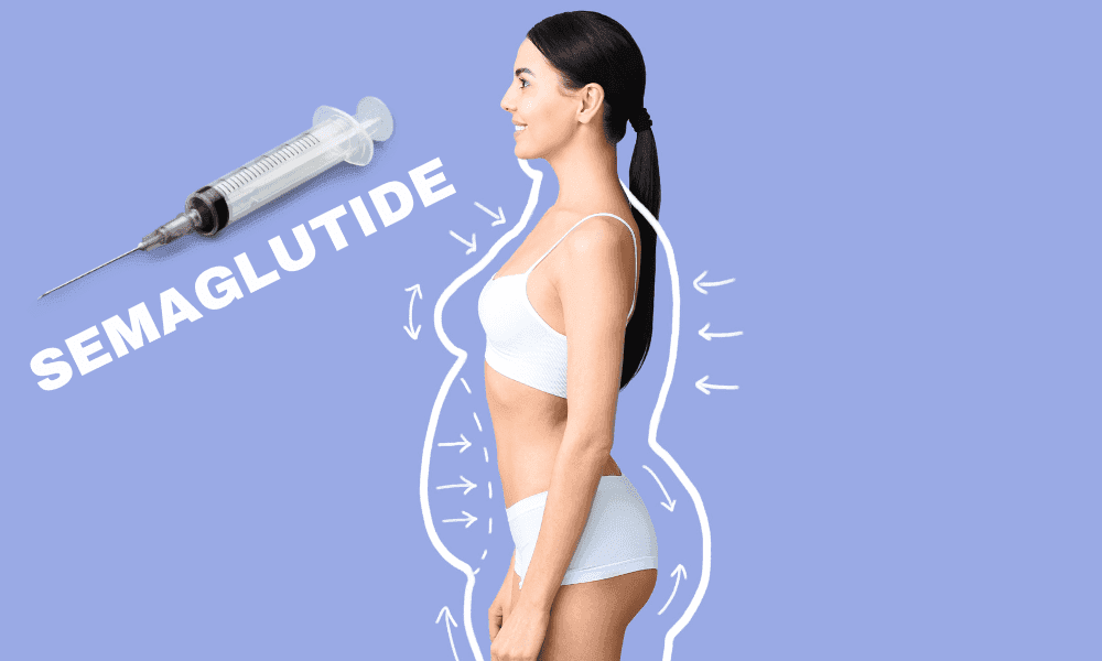 Woman in white underwear with slimming outline, syringe labeled Semaglutide on purple background.